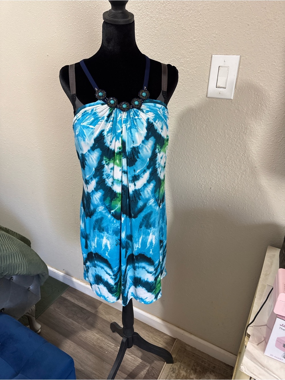 Boston Proper Blue Tie-Dye Beaded Strap Mini Dress